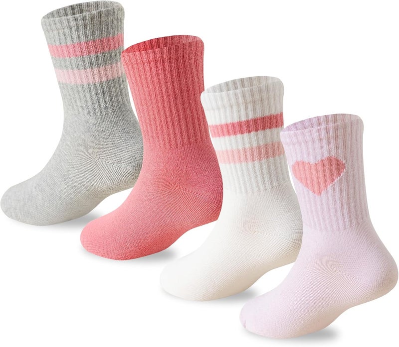 Wamvp Girls Socks Kids Pink Crew Athletic Socks with Hearts Striped 4 Pairs for Children 4-12 Years - Image 1